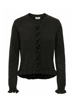 Cardigan gris foncé en tissu tricoté, avec un col rond, un détail froncé à l'avant et des poignets froncés avec fermeture à bouton.