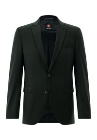 Dunkelgrüner Blazer aus glattem Stoff, ausgestattet mit Stegkragen, zwei Knöpfen und einer Brusttasche. Maßgeschneiderte Passform mit seitlichen Taschen.