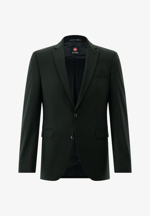 Dark green blazer made from smooth fabric, featuring notch lapels, two buttons, and a single chest pocket. Tailored fit with side pockets.