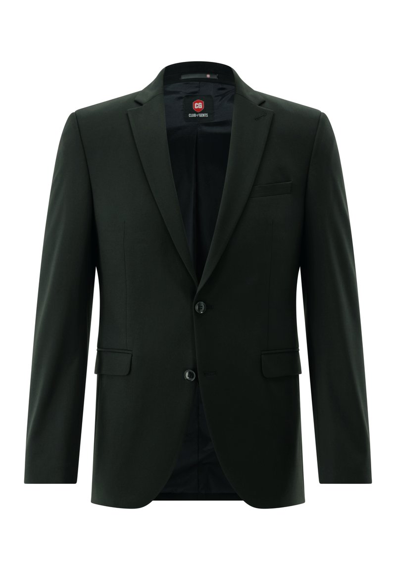Dunkelgrüner Blazer aus glattem Stoff, ausgestattet mit Stegkragen, zwei Knöpfen und einer Brusttasche. Maßgeschneiderte Passform mit seitlichen Taschen.