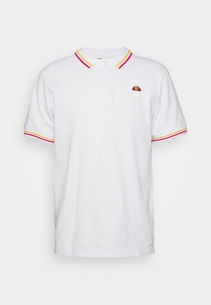 Witte polo met een contrasterende kraag en mouwstrepen in geel, rood en roze. Voorzien van een geborduurd logo op de borst. Gemaakt van katoen.
