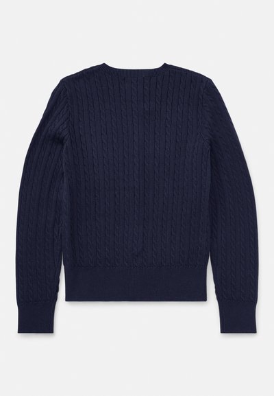 Camisola de malha azul-marinho com padrão de trança, gola redonda e punhos canelados. O desenho nas costas espelha a textura da frente.