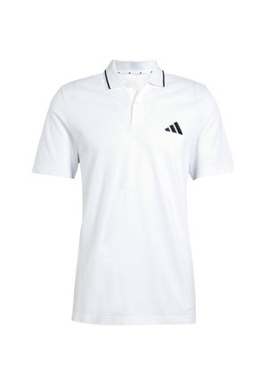 Witte polo met korte mouwen met zwarte afwerking op de kraag en een zwart Adidas-logo op de linkerborst.