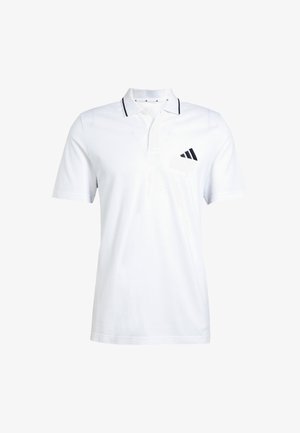 Witte polo met korte mouwen met zwarte afwerking op de kraag en een zwart Adidas-logo op de linkerborst.