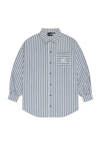 Lightweight striped button-up shirt in blue and white, featuring a chest pocket with horizontal stripes and a logo, with long sleeves.