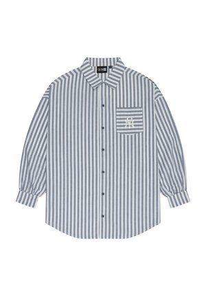 Lightweight striped button-up shirt in blue and white, featuring a chest pocket with horizontal stripes and a logo, with long sleeves.