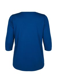 Blue, long-sleeve, rounded neck shirt made of smooth fabric. The back features a plain design with no embellishments or patterns.
