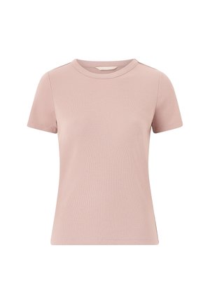 T-shirt à manches courtes en tissu rose doux avec un col rond et une coupe ajustée, présentant une texture lisse et un design minimaliste.