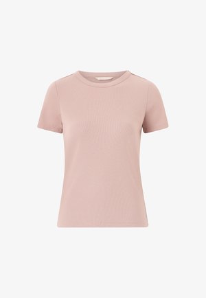 Kurzärmliges, geripptes T-Shirt aus weichem, pinkfarbenem Stoff mit Rundhalsausschnitt und schmaler Passform. Es zeichnet sich durch eine glatte Textur und ein minimalistisches Design aus.