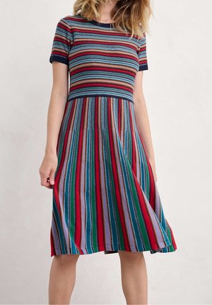 Kobieta ubrana w dzianinową sukienkę do kolan z krótkim rękawem, z wielokolorowymi poziomymi paskami na górze i pionowymi na spódnicy.