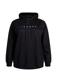 Felpa nera con cappuccio realizzata in tessuto morbido, dotata di un cappuccio con cordino e una stampa grafica "LOUNGE" blu sul petto. Vestibilità rilassata.