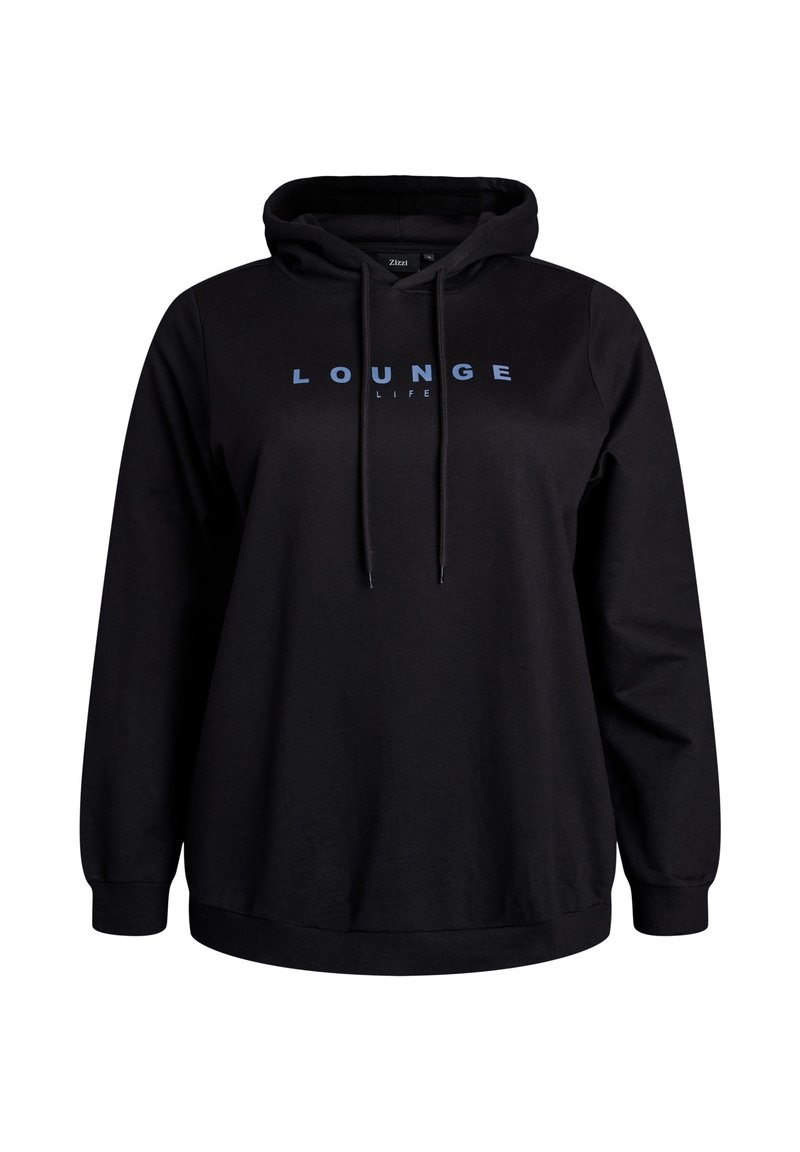 Felpa nera con cappuccio realizzata in tessuto morbido, dotata di un cappuccio con cordino e una stampa grafica "LOUNGE" blu sul petto. Vestibilità rilassata.