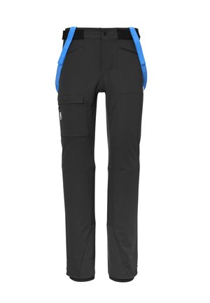 Black outdoor pants with blue suspenders, featuring pockets, reinforced lower legs, and a textured fabric accent at the cuffs.