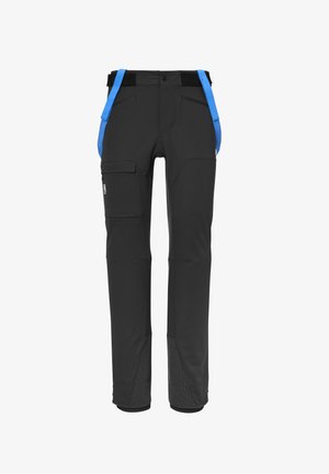 Black outdoor pants with blue suspenders, featuring pockets, reinforced lower legs, and a textured fabric accent at the cuffs.