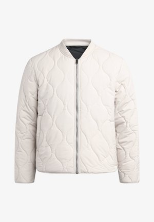 Helle gesteppte Bomberjacke mit glatter Textur, Frontreißverschluss und geripptem Kragen. Mit Wellenmuster auf dem Stoff.