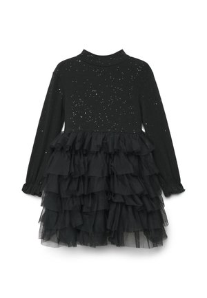Abito nero a maniche lunghe con top luccicante e gonna in tulle a balze stratificate, con collo alto finto e polsini arricciati.