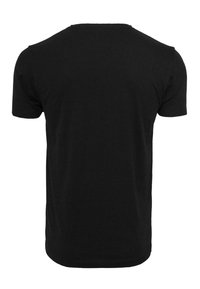 Sort bomulds T-shirt, kortærmet, rund hals, glat tekstur, standard pasform, ingen synlige mønstre eller hardware, set fra bagsiden.