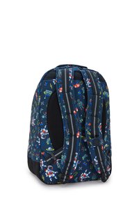 Zaino blu navy con motivo a tema robot e spazio, spallacci in rete imbottiti, forma arrotondata e pannello inferiore testurizzato per maggiore durata.