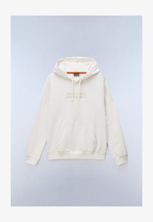 Biała bluza z kapturem z przednią kieszenią i naszywką z logo „Napapijri Geographic” na piersi, ułożona płasko na jasnym tle.