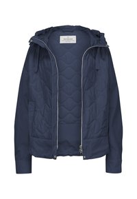 Marineblaue gesteppte Jacke mit Reißverschluss vorne, Kapuze und zwei seitlichen Taschen. Glattes Außenmaterial mit leicht glänzender Oberfläche.