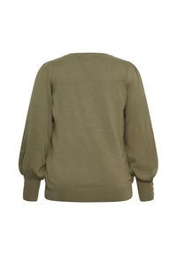 Vue de dos d’un pull vert olive à manches longues, avec des manches bouffantes et des poignets côtelés, posé à plat sur un fond blanc.