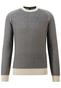 Pull gris texturé avec un col rond, des poignets et un ourlet côtelés crème. Présente des manches raglan et des motifs horizontaux subtils.