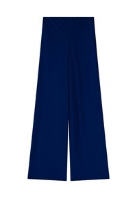 Pantaloni a vita alta e gamba larga in tessuto blu navy solido, caratterizzati da una texture liscia e un design minimalista. Senza hardware visibile o motivi.
