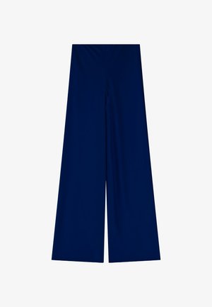 Pantaloni a vita alta e gamba larga in tessuto blu navy solido, caratterizzati da una texture liscia e un design minimalista. Senza hardware visibile o motivi.