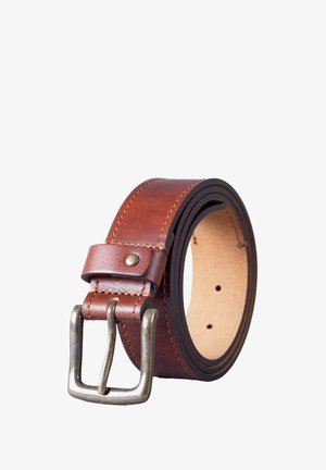 Brown leather belt with a metallic buckle. Features contrasting stitching and multiple holes for adjustability. Smooth texture and rounded edges.