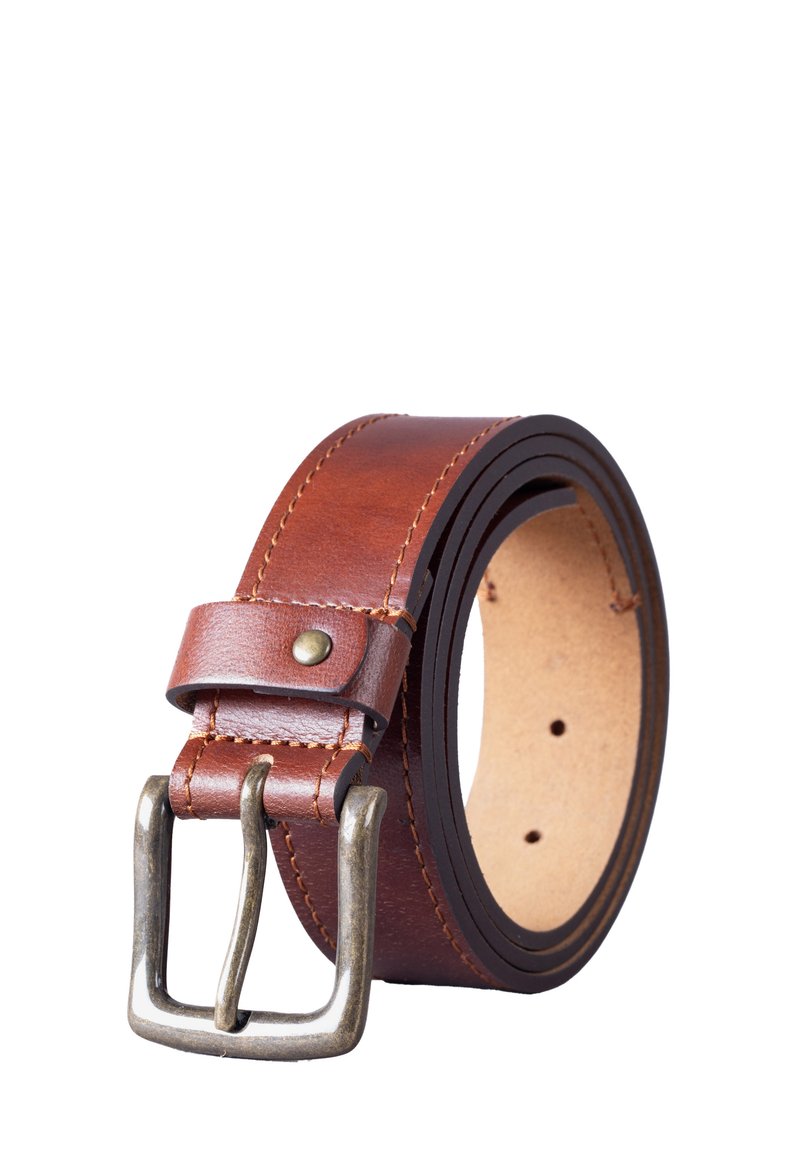 Brown leather belt with a metallic buckle. Features contrasting stitching and multiple holes for adjustability. Smooth texture and rounded edges.
