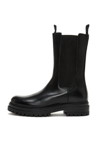 Black ankle boots with a smooth leather upper, elastic side panels, and a chunky rubber sole featuring deep treads for traction.