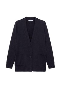 Dunkelblauer Cardigan aus weichem Strickmaterial mit V-Ausschnitt, zwei Fronttaschen und zwei Knöpfen an der Vorderseite.