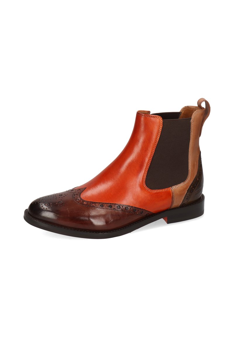 Bottines Chelsea en cuir pour homme, en brun, tan et orange, avec des détails en brogue et des panneaux latéraux élastiques.