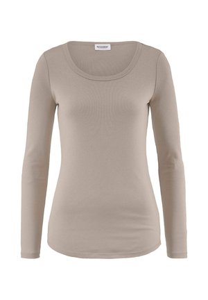 Langarmoberteil in hellem Beige, aus weichem Stoff. Mit rundem Ausschnitt und figurbetontem Design. Keine Muster oder Verzierungen vorhanden.