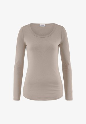 Langarmoberteil in hellem Beige, aus weichem Stoff. Mit rundem Ausschnitt und figurbetontem Design. Keine Muster oder Verzierungen vorhanden.