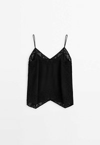 Camisole noire avec fines bretelles ajustables, détails en dentelle autour de l'encolure et un ourlet légèrement évasé avec un motif texturé.