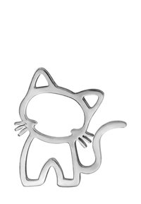 Zilveren metalen koekjesuitsteekvorm in de vorm van een kat met een omtrekontwerp, met puntige oren, snorharen en een gebogen staart. Glad, strak oppervlak.