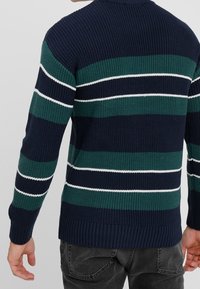 Pull bleu marine avec des rayures horizontales vert foncé et blanches. Texture côtelée avec un col rond et des manches longues.