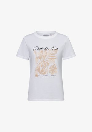 White cotton t-shirt featuring a floral design in beige with the text "C'est la Vie" and "Collect Beautiful Moments" printed in black.