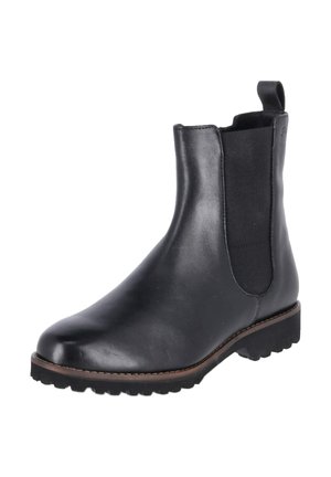Schwarzer Leder-Knöchelstiefel mit elastischen Seitenteilen, Zuglasche hinten und dicker Profilsohle mit braunem Rand entlang der Kante.