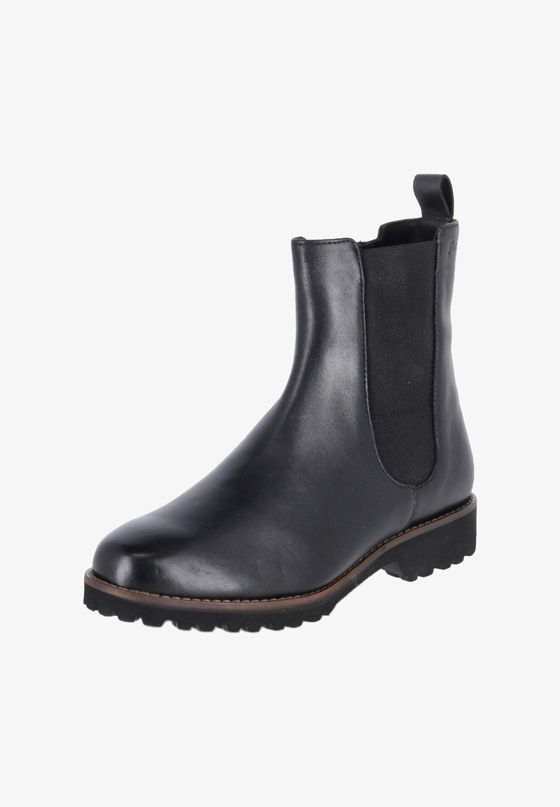Black leather ankle boot with elastic side panels, pull tab at the back, and thick lug sole with brown trim around the edge.