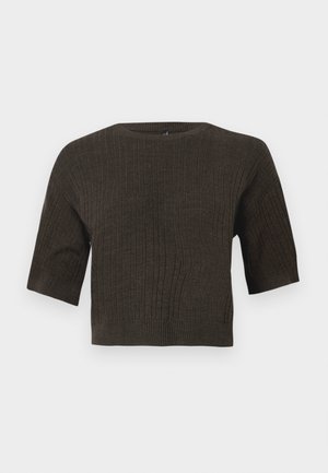 Brown ribbed knit top with short sleeves, round neckline, and cropped design. Textured fabric highlights vertical lines throughout.