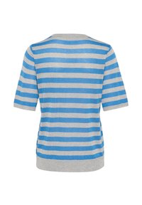 Pull rayé à manches courtes, avec des bandes horizontales bleues et grises, un col rond et une texture douce.