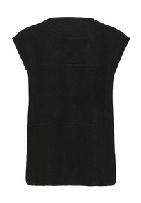 Crni bezrukavni pleteni džemper s širokim izrezom i suptilnim horizontalnim šavovima na leđima.