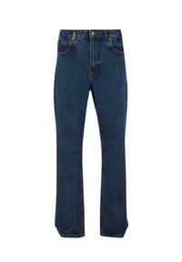 Jeanși drepti, de culoare bleumarin, din denim, cu cinci buzunare, închidere cu nasture și fermoar și o textură ușor uzată pe material.