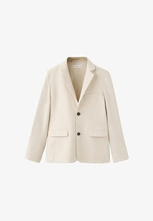 Blazer beige a due bottoni con rever a lancia, taschino sul petto e due tasche frontali con patta, progettato per una vestibilità sartoriale.