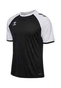 Zwart sportshirt met witte raglanmouwen, ronde hals, klein hummel-logo op de borst en zwarte chevrons op de schouders.