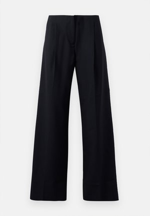 Black, pinstriped trousers with a wide-leg design, featuring sharp pleats and a clean finish. Made from a smooth, lightweight fabric.