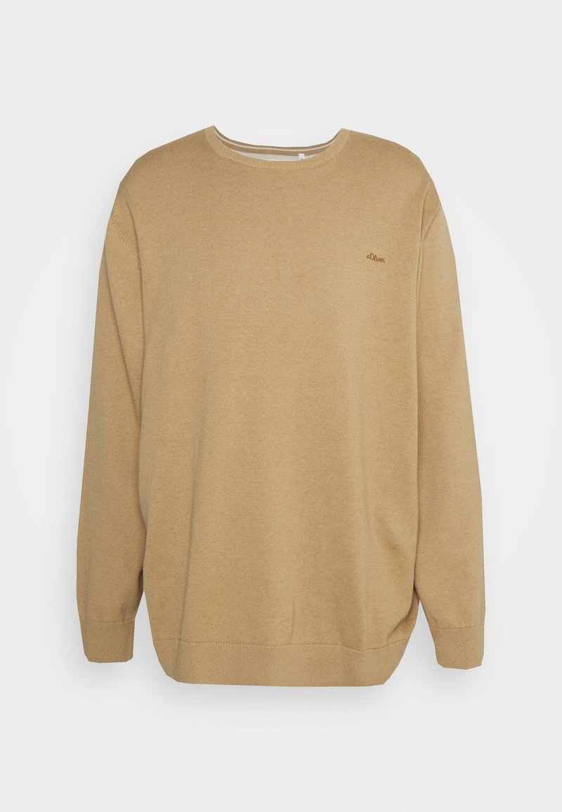 Tanfarbener Rundhals-Sweatshirt mit langen Ärmeln, aus weichem Stoff gefertigt. Mit gerippten Bündchen und Saum, und einem kleinen Logo auf der Brust.