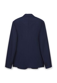 Blazer di colore blu navy con tessuto testurizzato, spacco singolo sul retro e polsini con bottone. Design sartoriale con rever classico.
